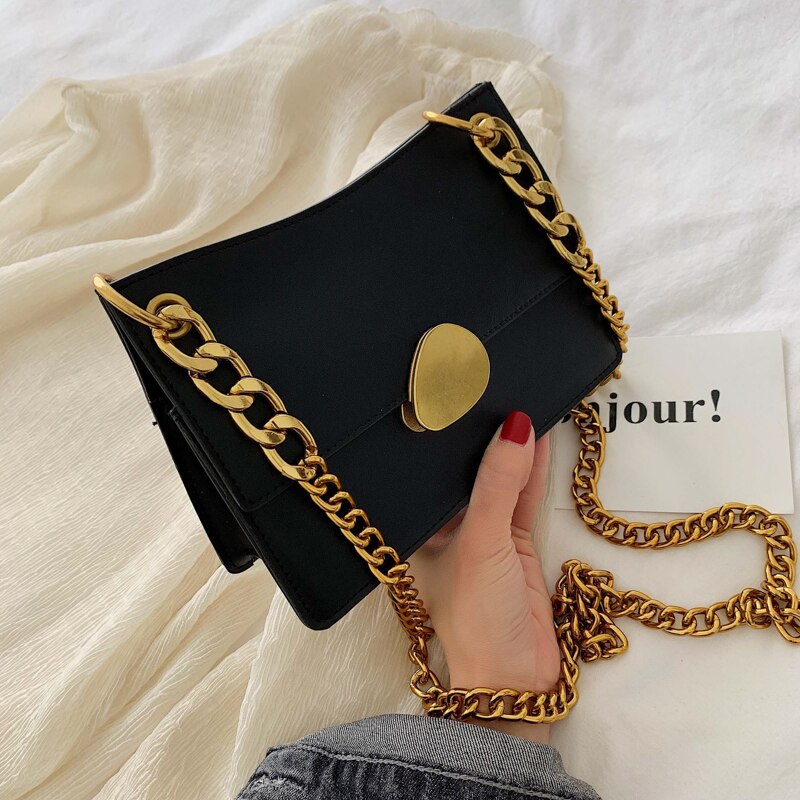 Female Flap Square Bag Leather Women's Handbag Lock Chain Shoulder Messenger Bag Bolsos Mujer: Black big