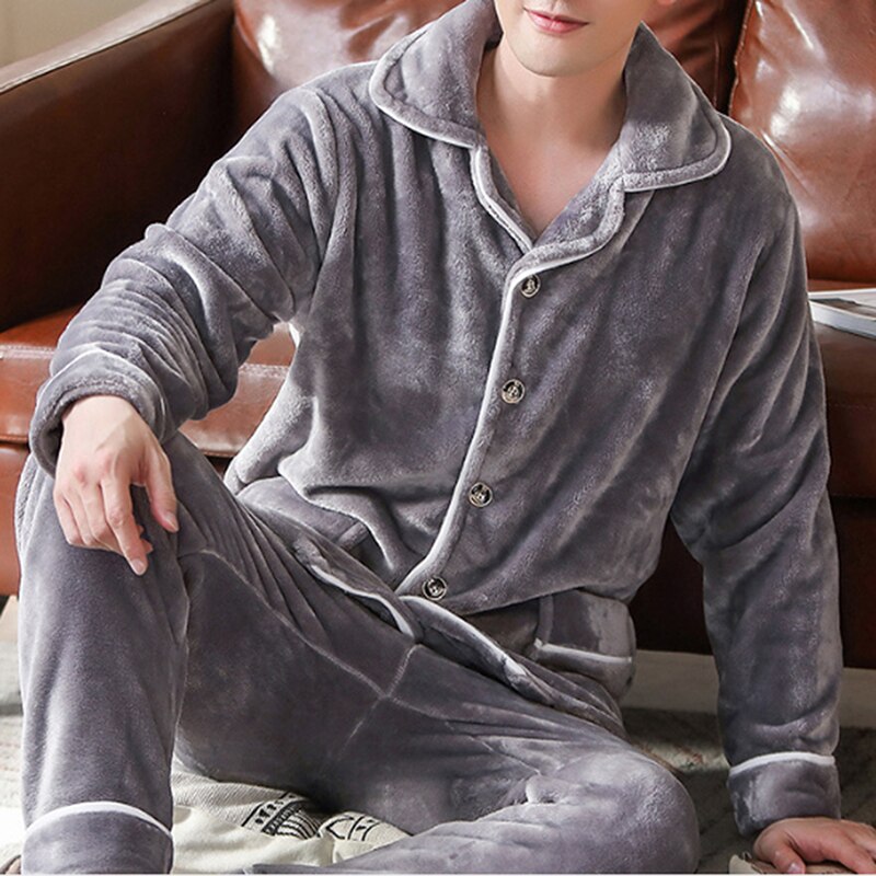 Autumn Winter Thick Warm Flannel Pajama Sets For Men Long Sleeve Coral Velvet Sleepwear Suit Loungewear Homewear Home Clothes: Style1 / XL