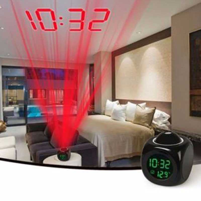 LCD Projection LED Display Time Digital Alarm Clock Talking Voice Prompt Thermometer Snooze Function Desk Night Light Clock