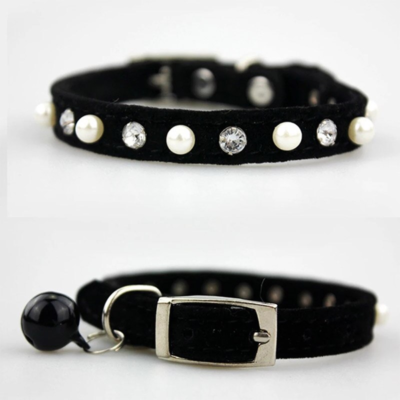 Adjustable Pet Cat Collar With Bell Diamond Pearl Retractable Necklace Kitten Dog Collar Neck Strap Cat Accessories Pet Supplies: Black