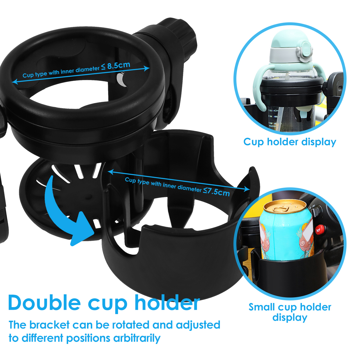 Kinderwagen Bekerhouder Universele Kinderwagen Waterflesstandaard 360° ° Roterende telefoonhouder Dubbel gat Babyauto's Organizer Cup Rack