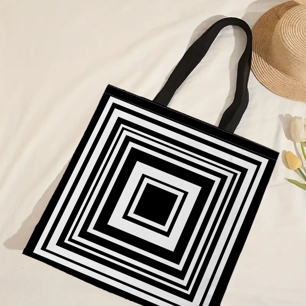 Czarno-biała geometryczna torba z grubej bawełny Damskie torby lniane Ekologiczne torby na zakupy wielokrotnego użytku Podróżna plaża Przydatna torba na ramię: Ciemnoniebieski