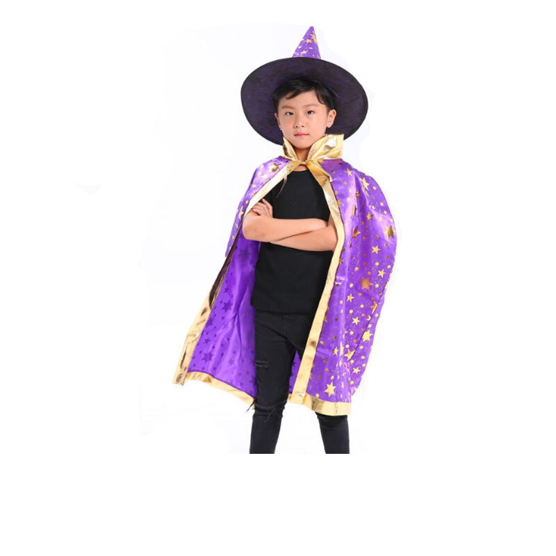 Kids Witch Wizard Cloak Hat Set Stars Pattern Halloween Role Play Cape Robe Costume For Boys Girls