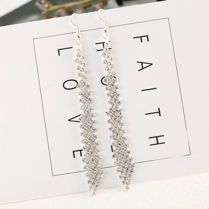 GRACE JUN Full Rhinestone Long Dangle Clip on Earrings Women&#39;s Party Wedding Boho Earrings Jewelry Ear Clip: Silver Pierced