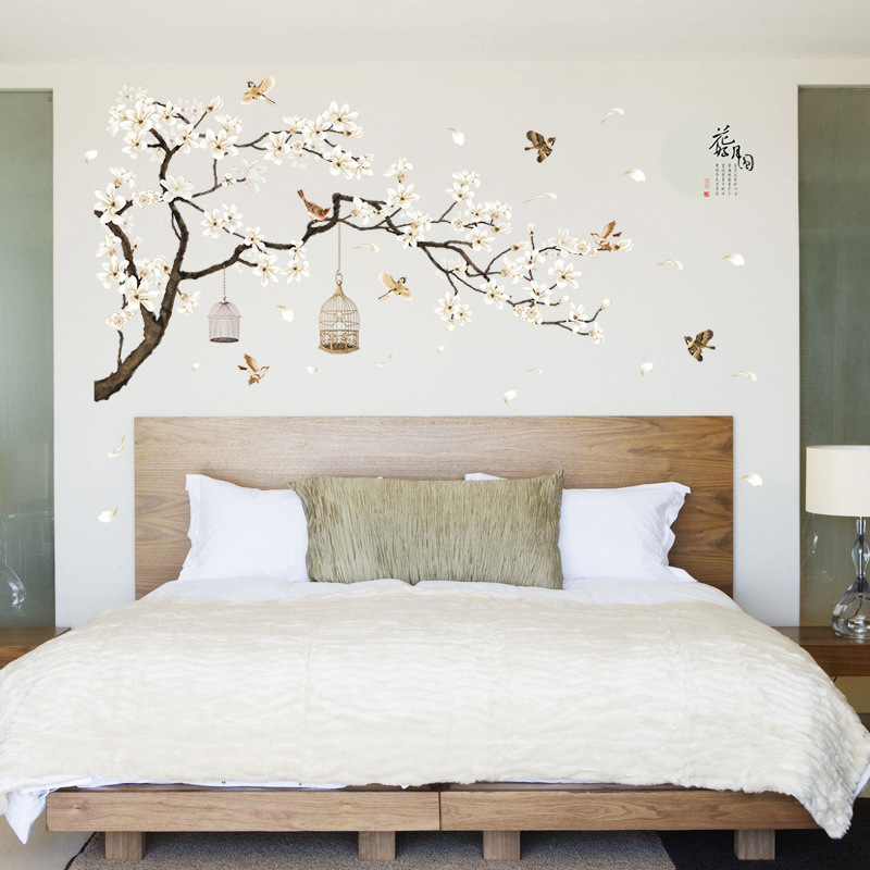 Pegatinas de pared de árbol de 187X128cm, papel tapiz de decoración para el hogar con flores y pájaros, para sala de est