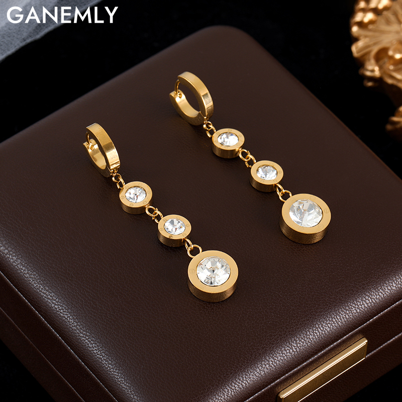GANEMLY 316L Rvs Luxe Witte Zirconia Oorbellen Voor Vrouwen Mode Party Oor Dangle Waterdichte Sieraden