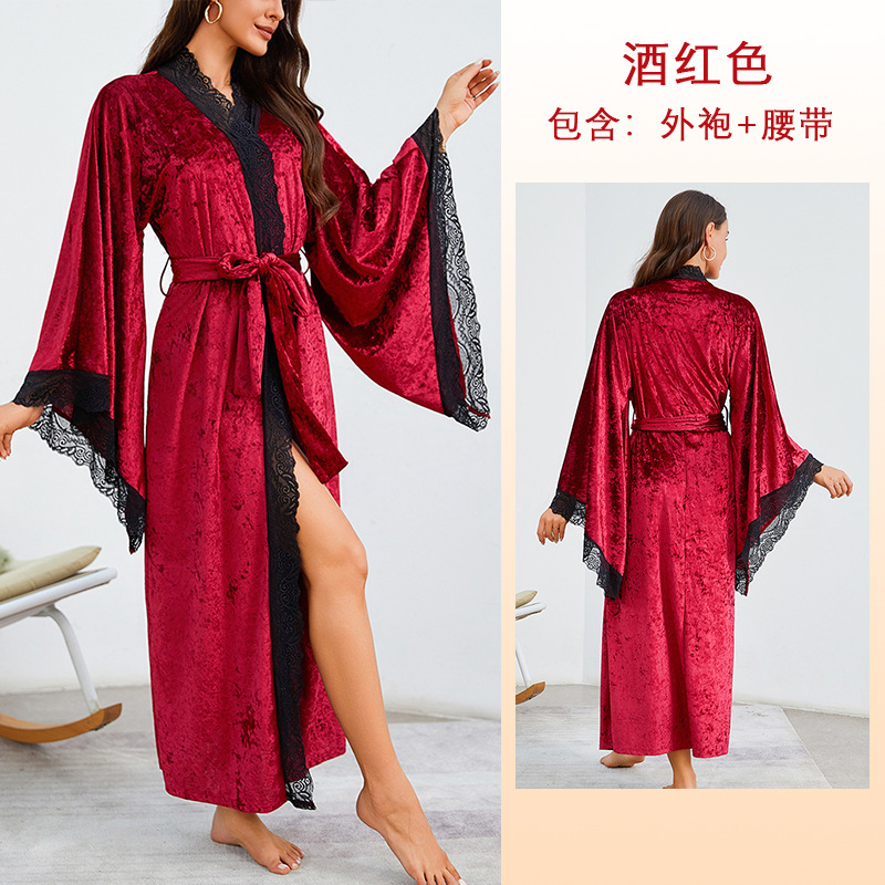 Blondekimono intimundertøy velourmorkåpe dame lang nattkjole nattøy bryllup brud fest loungewear nattøy: L / Beige
