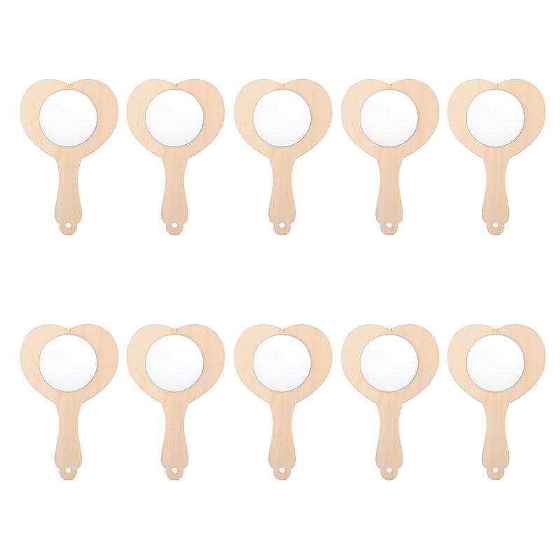 10Pcs DIY Wooden Mirror Unfinished Handheld Mirror Makeup Mirror DIY Materials: heart