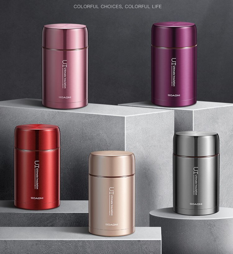 BOAONI 800ml Food Thermal Jar Vacuum Insulated Soup Thermos Containers 18/8 Stainless Steel Lunch Box with Portable Bag