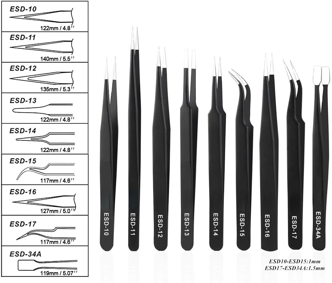 ESD Tweezers Tools Kit Precision Anti-Static Stainless Steel Tweezers Hand Repair Tool For Soldering Electronics Craft Lab Home: 9PC set
