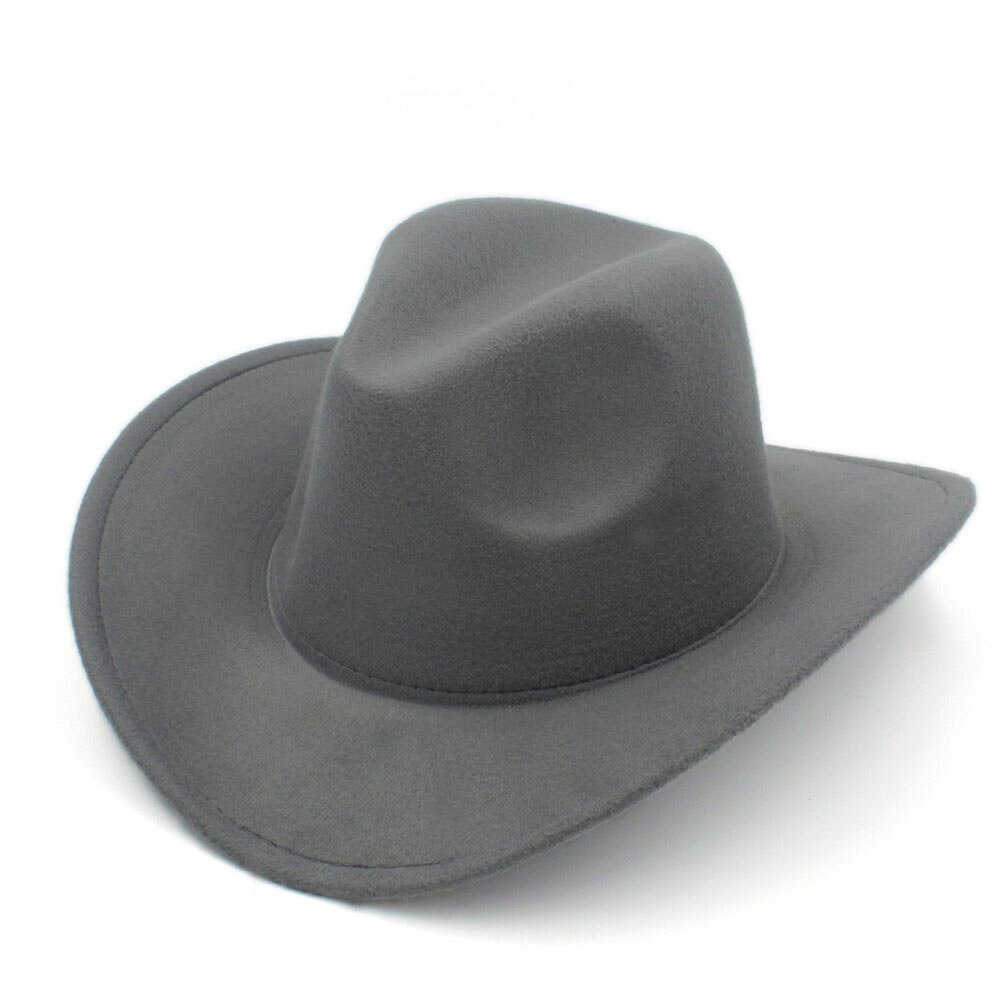 LUCKYLIANJI Trilby Wool Felt Fedora Cowboy Hat Solid Color Western Bull Jazz Sun Chapeau Caps For Men Women (One Size:57cm): Gray