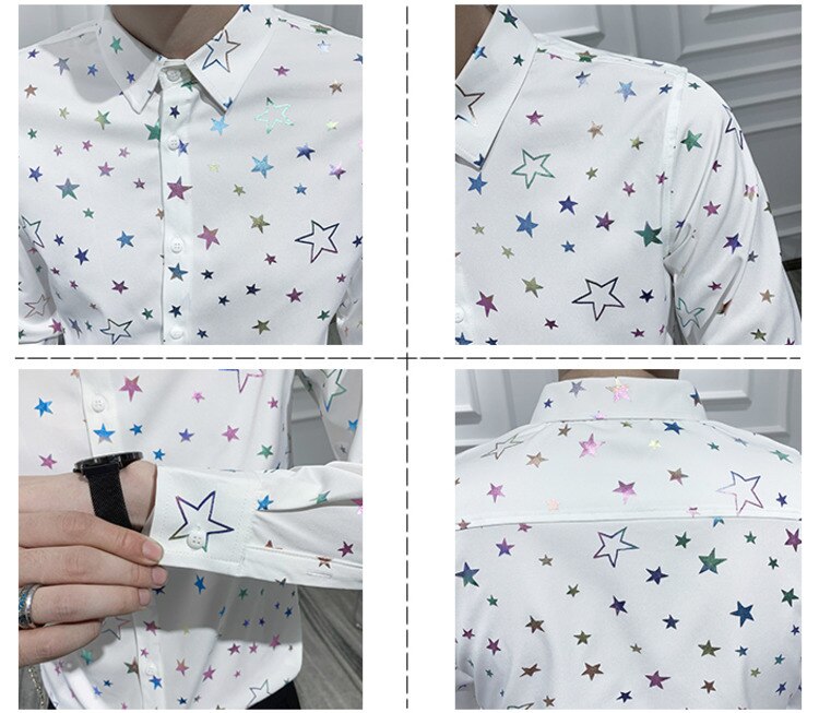 Camisa de manga larga con estampado de estrellas para Hombre, ropa ajustada para y Club, color blanco, 4xl