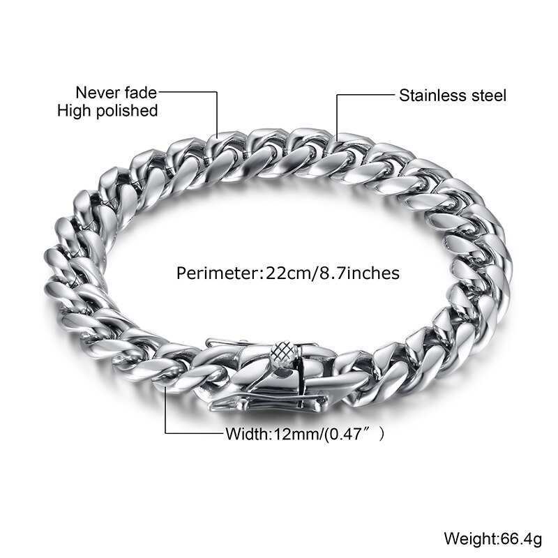 12Mm Breed Dikke Zware Cubaanse Link Armbanden Voor Mannen 7.5 -8.7 Inch Rvs Grijpende Link Armband