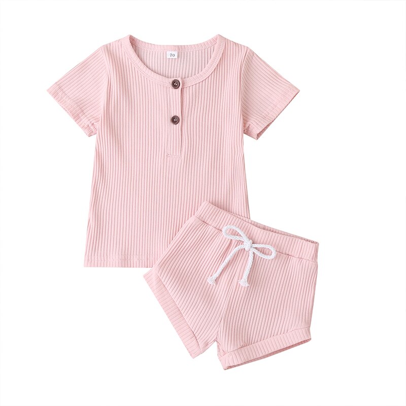 2021 set da bambino neonate ragazzi abiti lavorati a maglia neonato T-Shirt manica corta Top pantaloncini tinta unita abiti estivi per 6-24M: Colore rosa / 18m