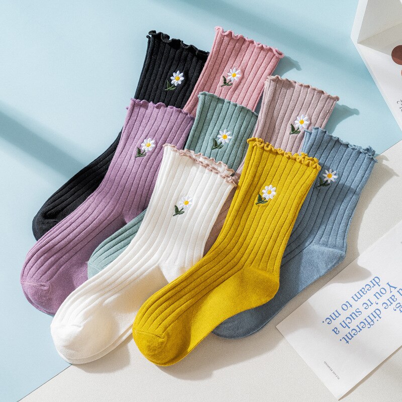 CHAOZHU Summer Spring Thin Loose Socks Daisy 8 Colors Long Women Sox Sweet Cute Cotton Knitting Rib Korea Japanese