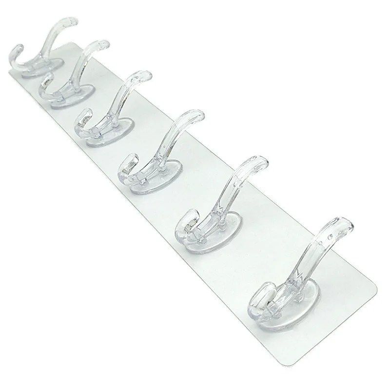 Transparent Hooks Plastic Coat Hooks Kitchen Bathroom Six Rows Hooks Punch Free Wall Hook Bathroom Towel Rack Accessories: Yellow