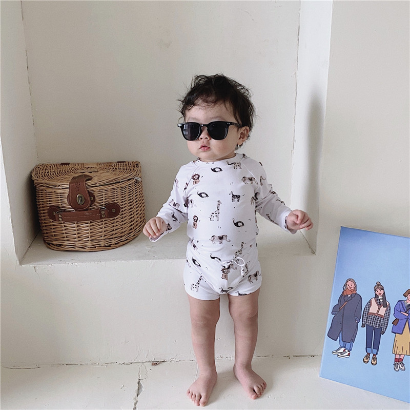 Meninos terno de natação verão manga longa sun block banho impressão dos desenhos animados primavera quente maiô crianças linda praia terno