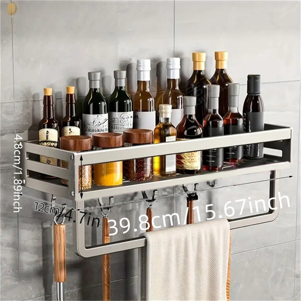 Aluminum Wall-Mounted Spice Rack Multifunctional Item Storage Shelf Kitchen Tools Storage Hooks Space Management Solution: DARK GRAY