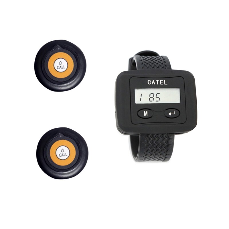 Wireless Calling System 1 Wrist Watches Receiver Black +2 Ultrathin Call Buttons Pager White Brown For Restaurant: Black