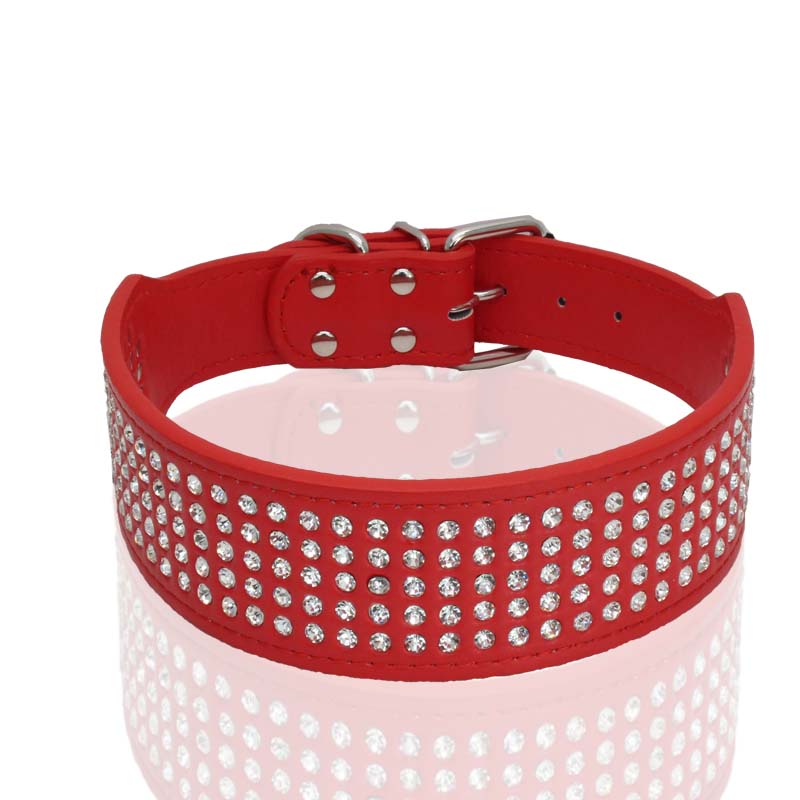 Rhinestone PU Leather Dog Collars 5 Row Diamante Bling for Large Dogs 5cm wide: M / Red