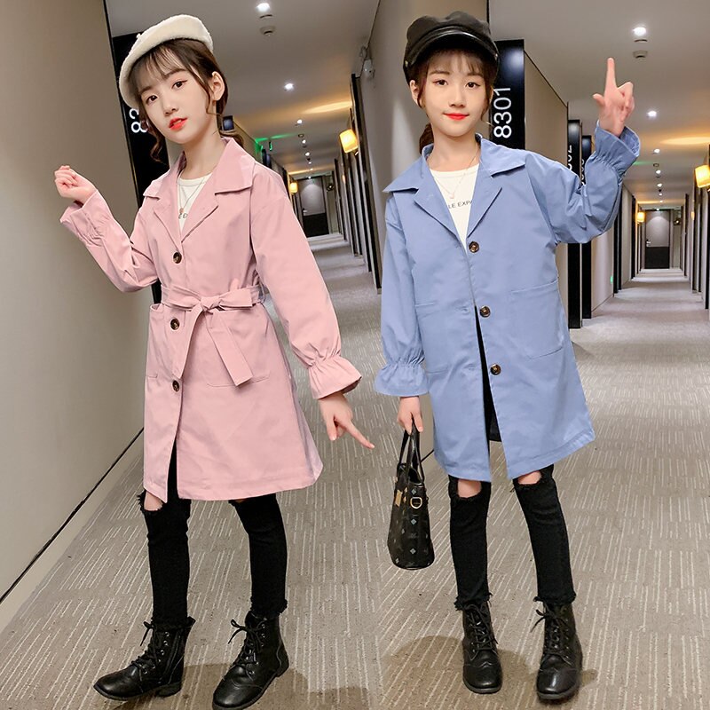 Long Style Teenager Clothes Girl Kids Trench Coat Spring Autumn Windbreaker Jacket for Girls Age 4 5 6 7 8 9 10 11 12 13 14 Year