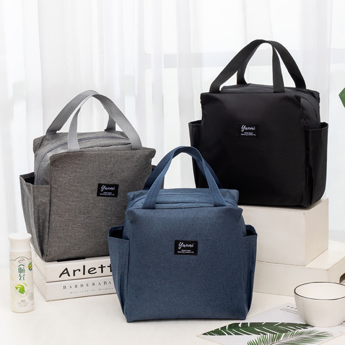 Double pockets Portable lunch bag lunch box insulated canvas tote bag school lunch portable dinner box picnic food storage: Clear