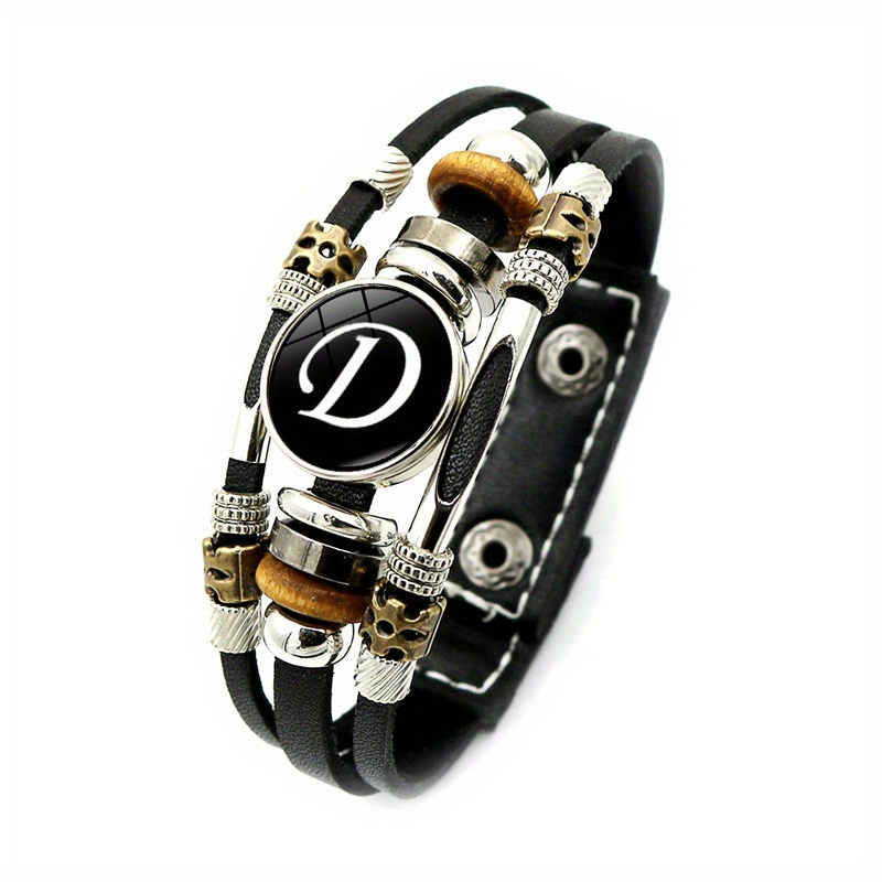 26 Engelse Letters Armbanden, Pu Lederen Armbanden, Retro Punk Stijl Handgemaakte Multi-Layer Kralen Hand Sieraden Paar: Blue Zinc Plated