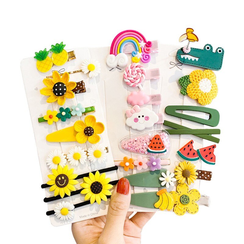 10 pçs/set crianças girassol grampos de cabelo conjunto hairpin para meninas adorável dos desenhos animados frutas flores bandana do bebê bb clipe barrettes