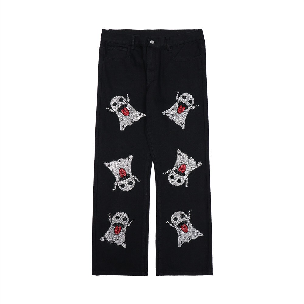 UNCLEDONJM Evil distressed jeans mens street wear biker jeans hip hop pants goth clothes men jeans for men baggy jeans: black / XL