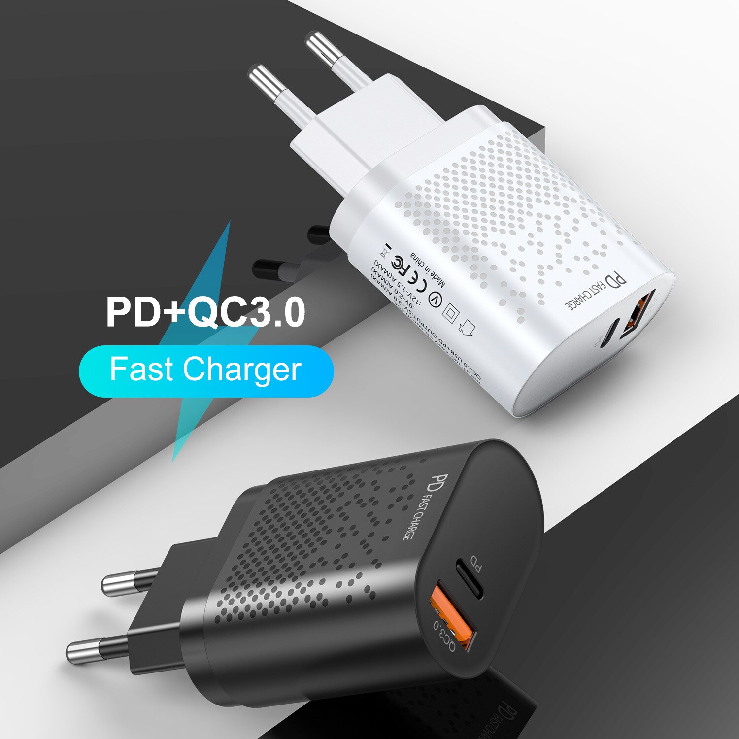 Qc3.0 chargeur rapide PD 18W pour Apple Android USB-A + type-c double Port prise de Charge Standard américaine