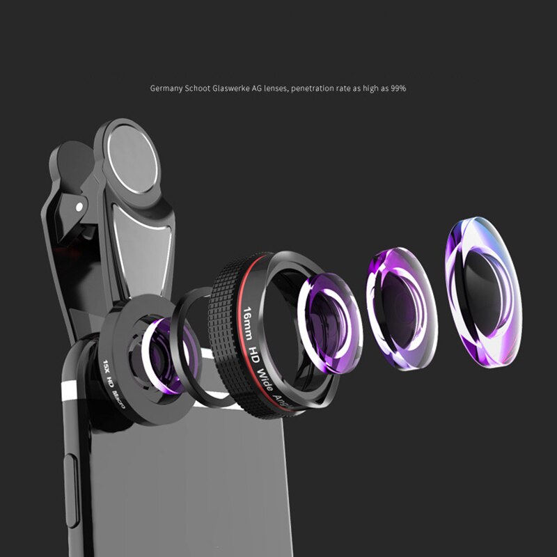 2In1 Lens 16mm Wide-Angle Macro HD Phone Camera Lens for iPhone 8 7 6S Plus Xiaomi Samsung