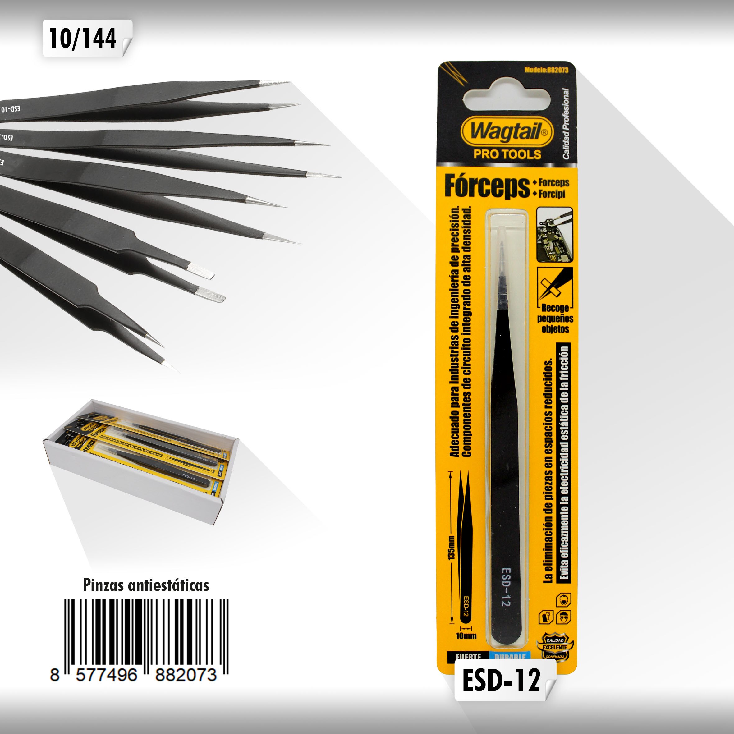 Wagtail-Pinza antiestática de precisión, herramienta de ajuste para gafas, joyas, electrónica.: ESD 12