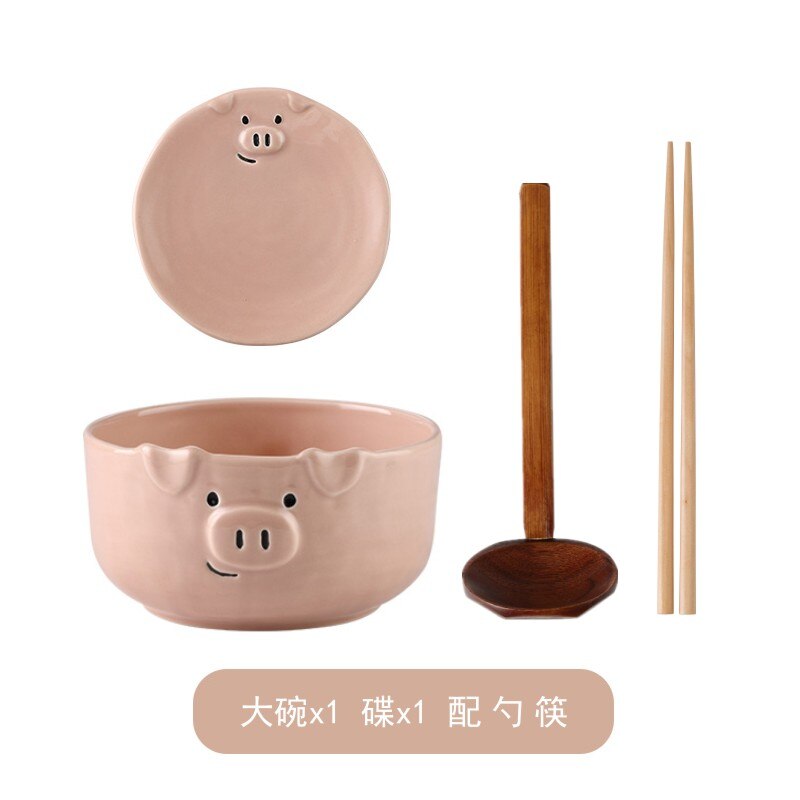 Juego de vajilla de porcelana con dibujos animados para el hogar, conjunto de cerámica con cuenco rosa encantador, plato de desayuno con personalidad creativa: E