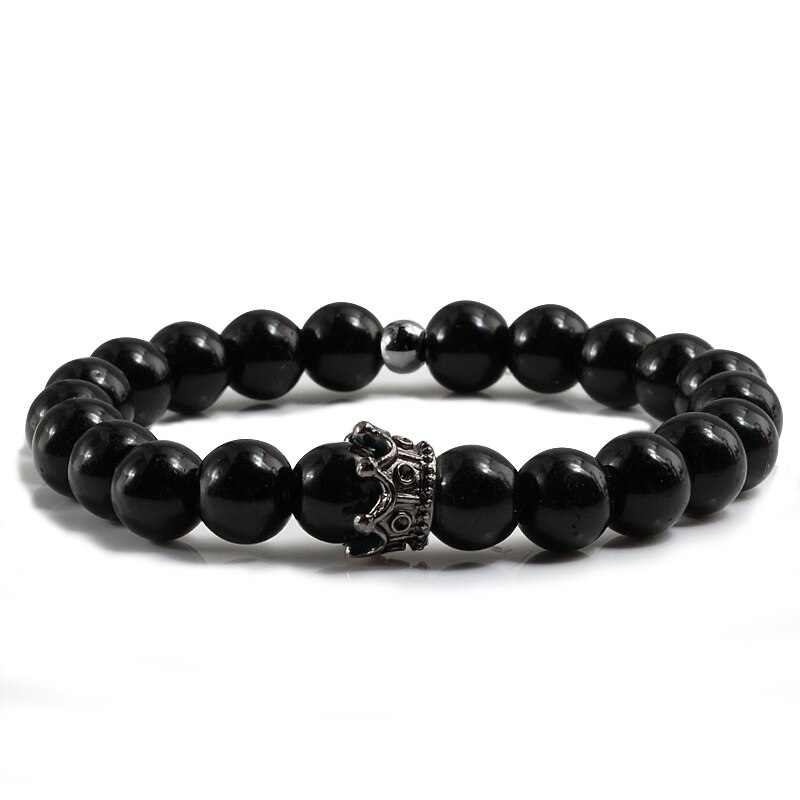 Heiße Neue Charme Krone Männer Armreifen Natürliche Stein Weiß Porzellan Perlen Armbänder Hand Zubehör Für Frauen Elastische Seil Hand Kette: Schwarz3