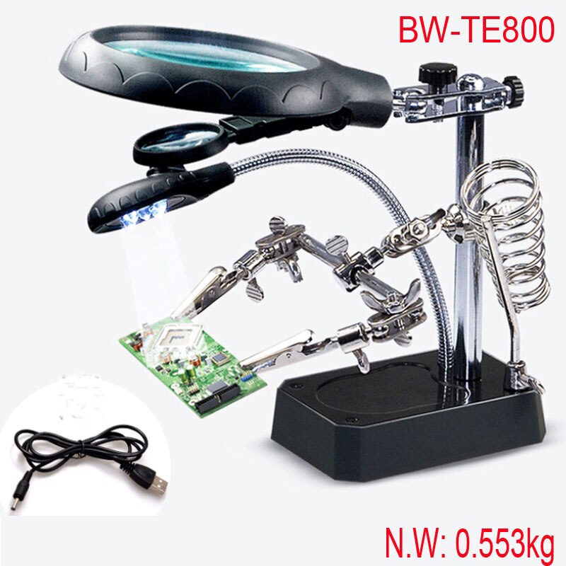 Helpende hand met vergrootglas led vergrootglas lamp las vergrootglas met licht soldeerstandaard opvouwbaar handfree clip: Bw -te800