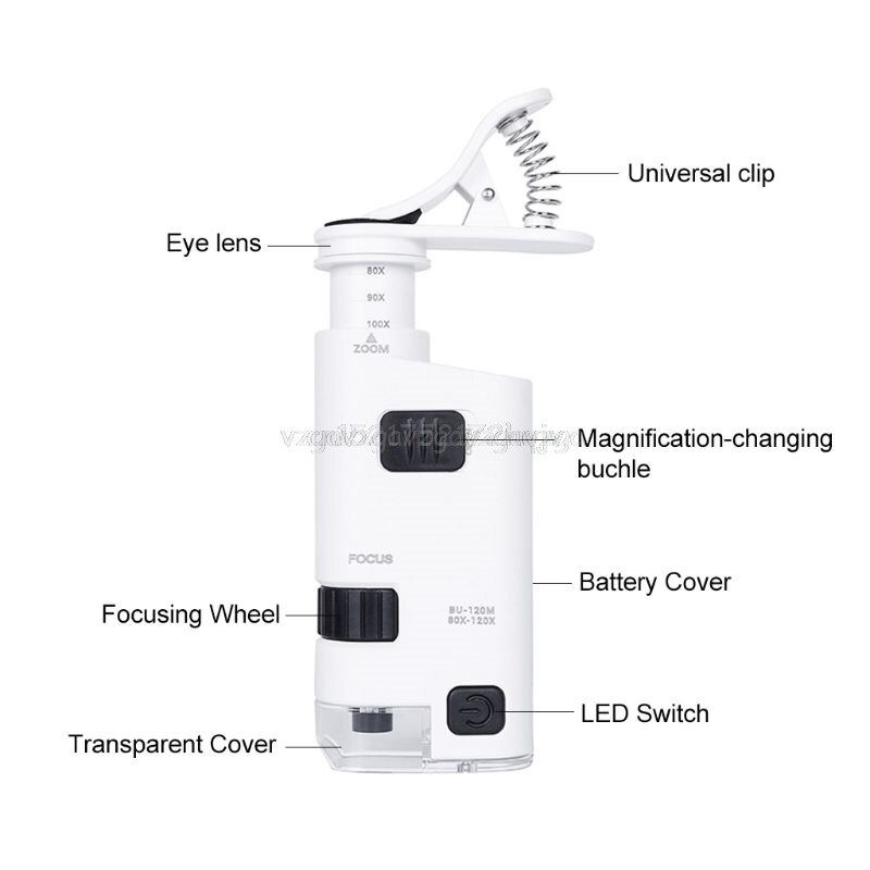 80-120x led mobiltelefon mikroskop universal clip-typ mobiltelefon mikroskop förstorare med led lampa förstorare lupp  d29