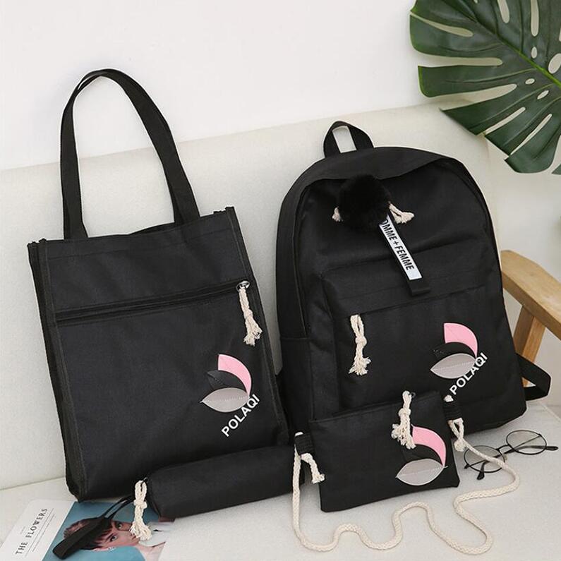 Yogodlns 4 pièces/ensemble lettre et feuilles Mochila toile sac à dos voyage sacs à dos loisirs sacs à dos pour adolescentes école sac à dos: Black