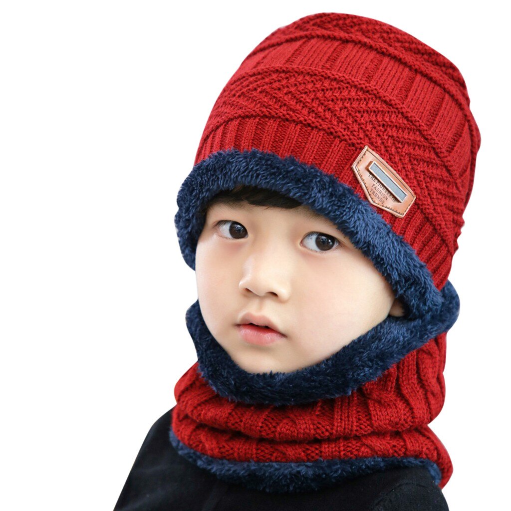 Cappelli Invernali Caldi Lavorati Een Maglia In Stapel Een Contrasto Per Cappello + Sciarpa Per Bambini Set Di Wijten Pezzi cappelli Per: Red 