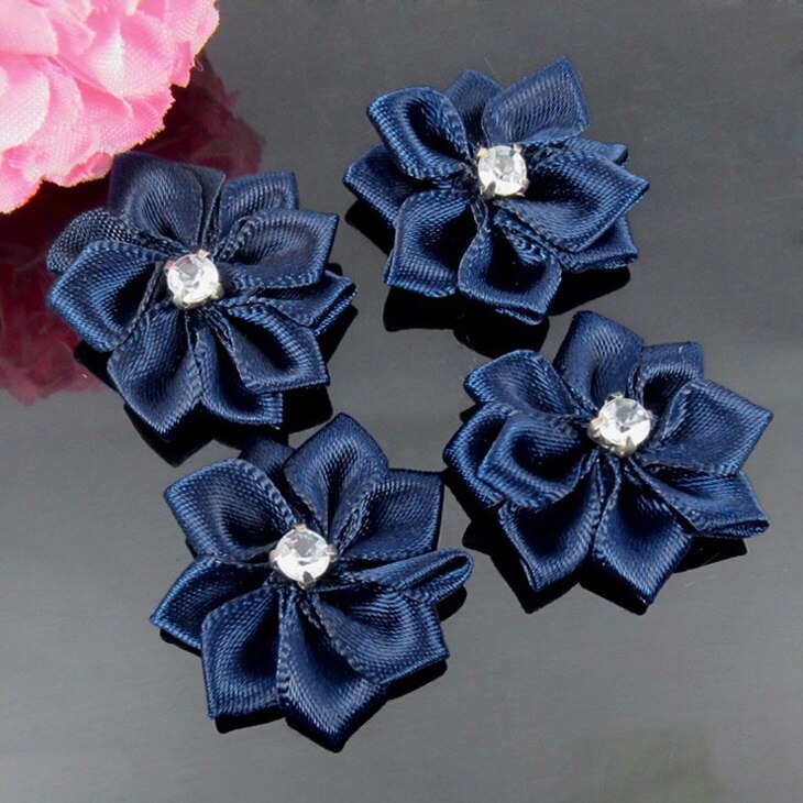 40Pcs Handmade Small Fabric Satin Flowers with Rhinestone Appliques Sewing Wedding Garment Accessories Flowers 2.8cm: Blue