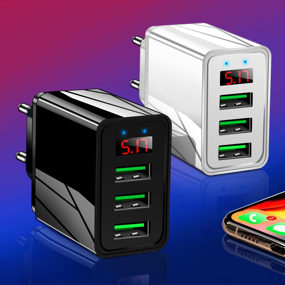 Usb Charger Led Digitale Display Voor Iphone11 7 8 Samsung S8 S9 S10 Plus Eu Ons Uk 3 Port Usb mobiele Telefoon Oplader Adapter