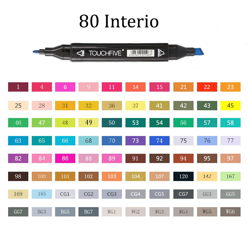 TOUCHFIVE-80 marcadores de colores Manga, rotuladores de dibujo a base de Alcohol, boceto, punta de fieltro, pincel doble oleoso, suministros de arte para estudiantes: 80 Interio