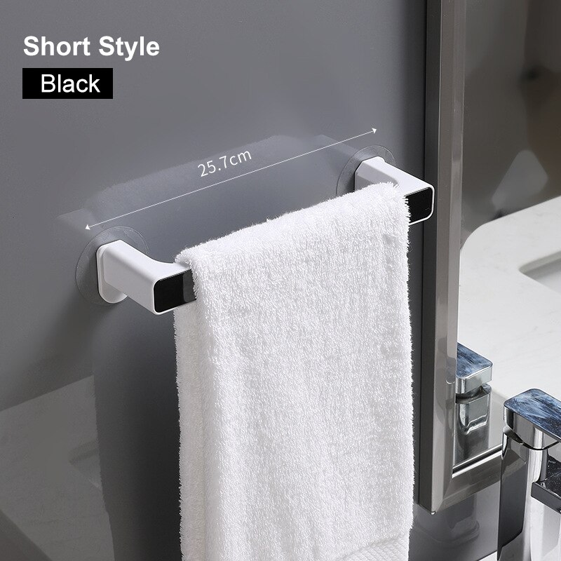 2 størrelse /4 farve plast selvklæbende rack monteret håndklæde bar bøjle hylde hængende krog håndklæde væg holder badeværelse køkken toilet: Sort kort stil