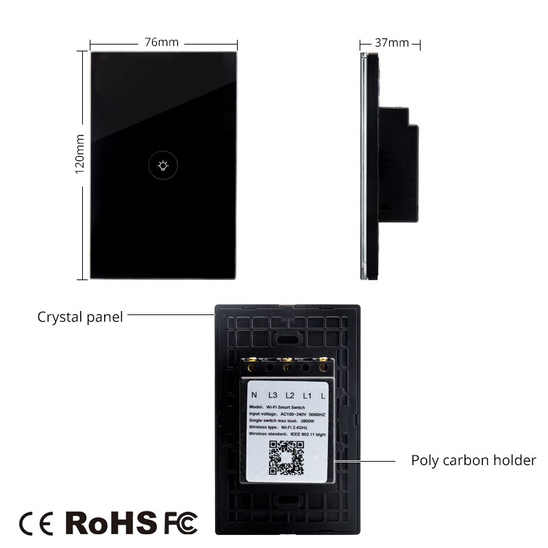 Wifi Smart Wall Touch Switch US Standard 1 Gang Black Glass Panel APP Remote Control for Smart Life