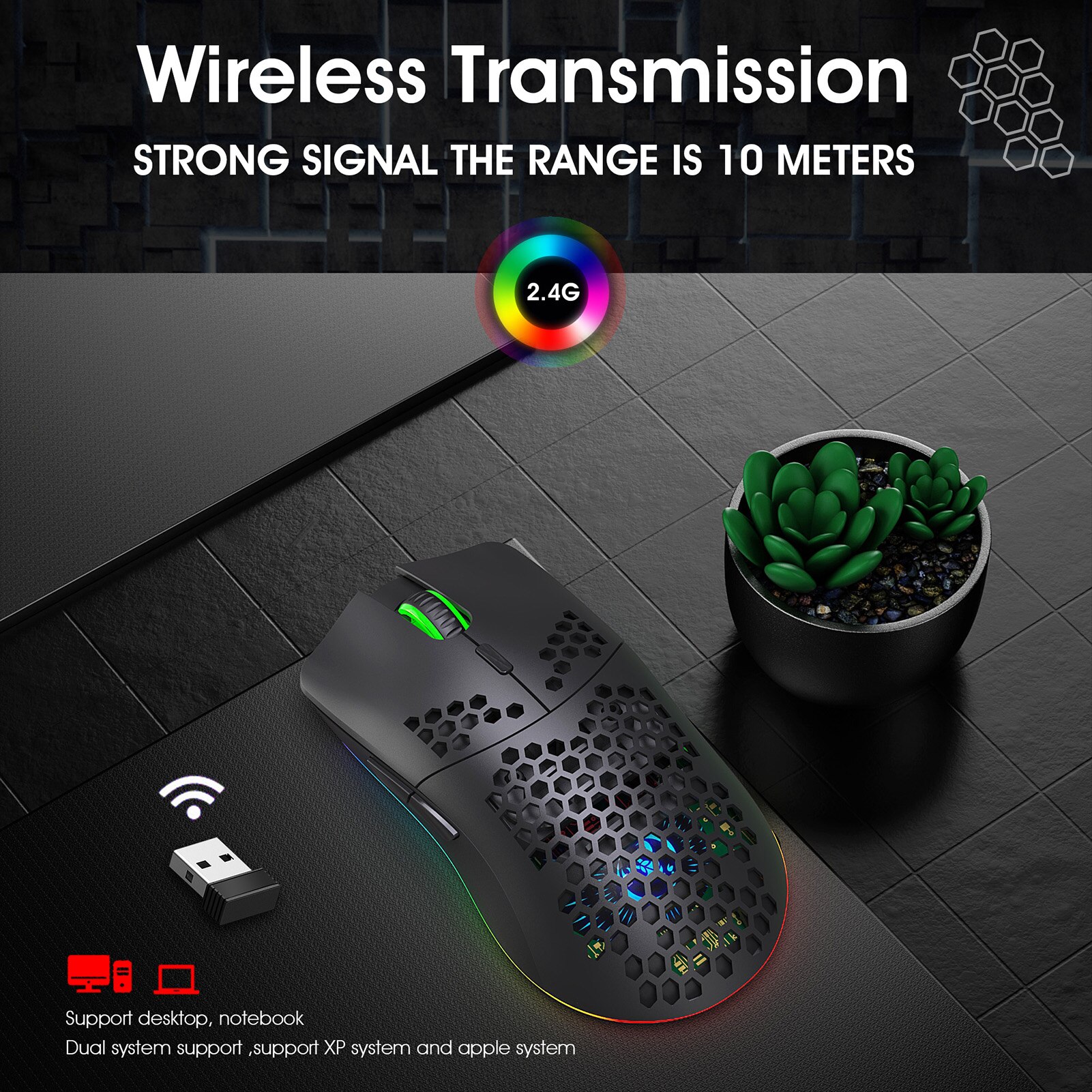 RGB Lighting HXSJ T66 RGB 2.4G Wireless Gaming Mouse Charging Mouse with Adjustable DPI Ergonomic for Desktop Laptop