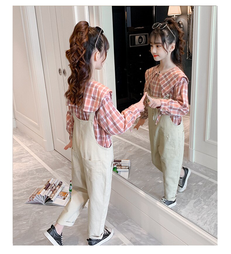 Spring Long Sleeve Korean Girls Clothing Set Kids Single-breasted Plaid Blouse Overalls Two-piece Sets Teen Child Clothes