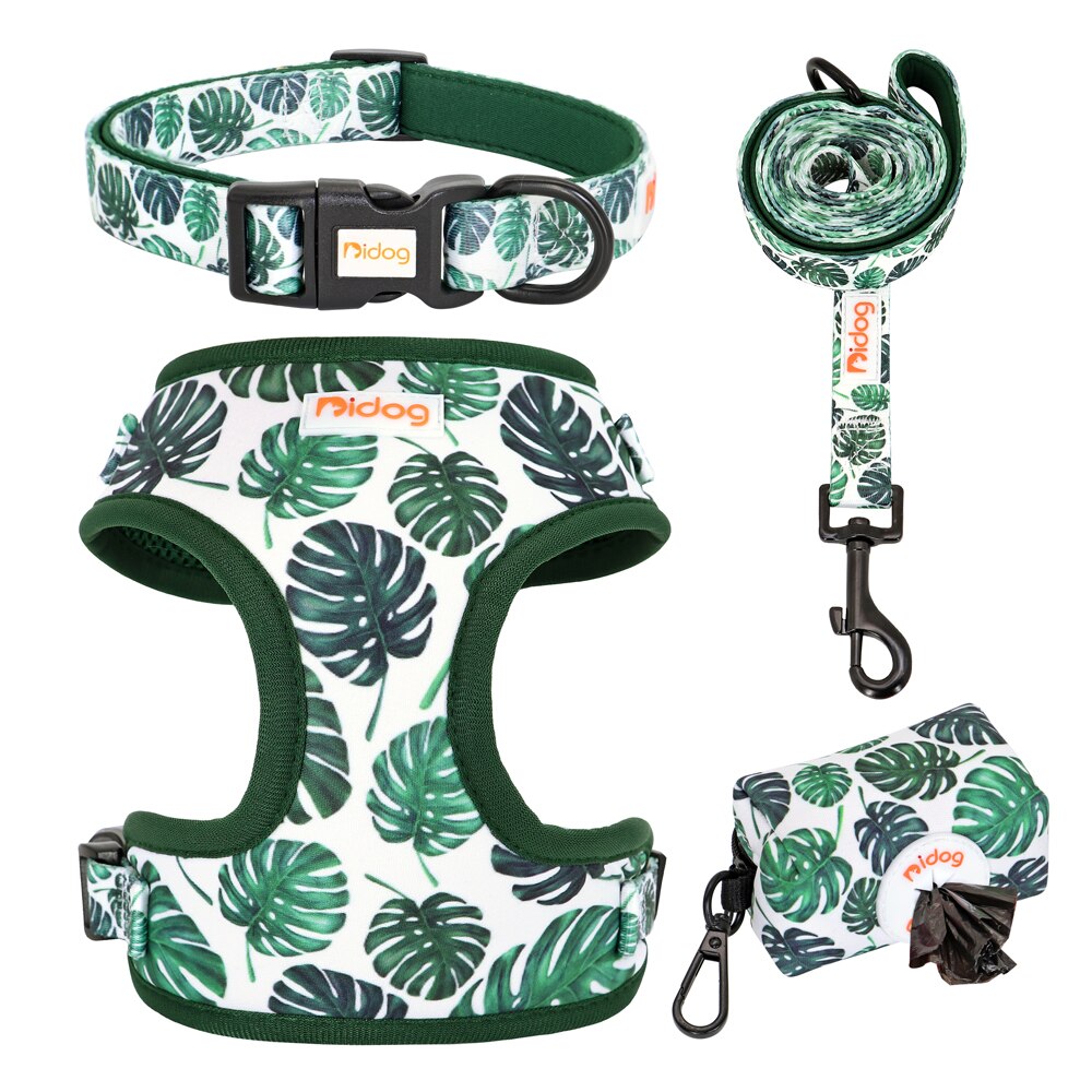 Print Dog Collar Harness Leash Poop Bag Set Adjustable Pet Collars Vests For Small Medium Dogs Pets Walking Rope Garbage Bags: Green / XS