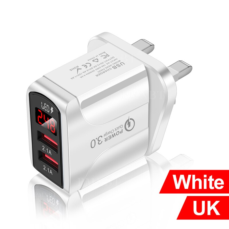 Usb lader med ledet vise dobbel usb havn 2.4a hurtiglading til iphone 8 lader adapter mobiltelefon ladere til samsung  s10: Uk hvit