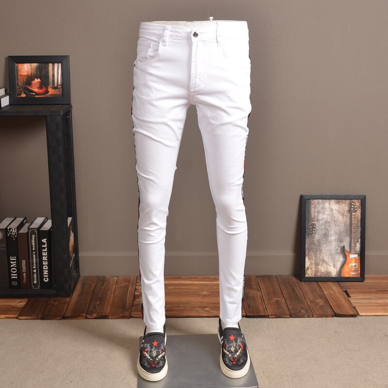 Men Skinny Jeans Elastic White Streetwear Side Stripe Pants for Cowboys P85