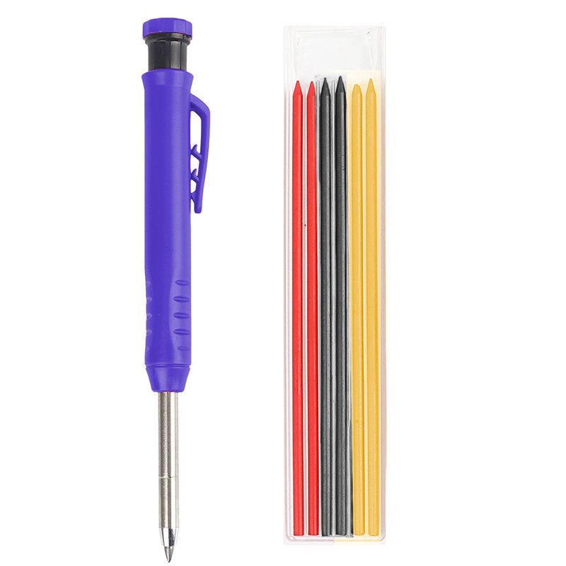 Solid Carpenter Pencil Set Built-In Sharpener 6 Graphite Refills Deep Hole Woodworking Engineering Activity Pen Marker Pen Tool: Blue pen refill