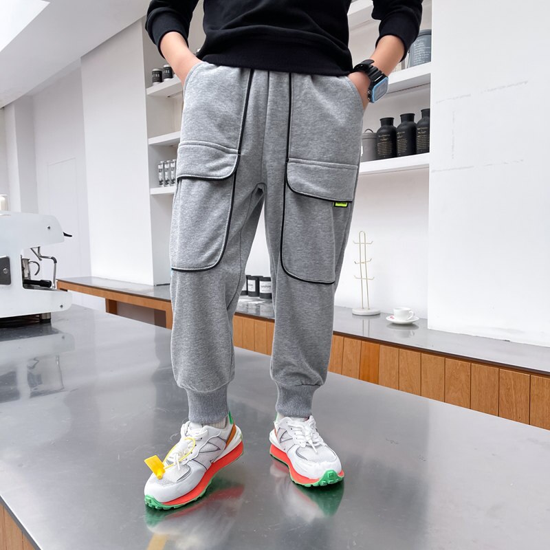 Pantalon de survêtement coréen pour adolescents, Long, de Sport, de couleur unie, décontracté, Cargo, pour enfants de 4 5 6 7 8 9 10 12 13 ans, printemps automne: GRAY / 11